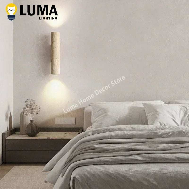 Wabi Sabi Style Yellow Travertine Wall Lamp Vintage Stone and Wood Sconce Light for Bedroom Bedside Living Room Stair Home Decor