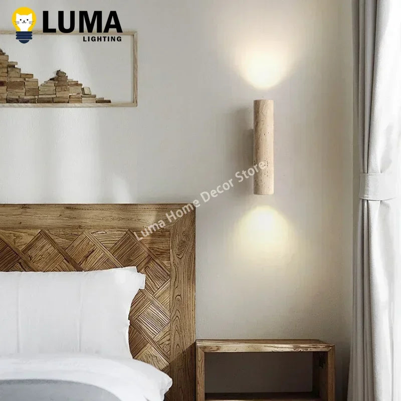 Wabi Sabi Style Yellow Travertine Wall Lamp Vintage Stone and Wood Sconce Light for Bedroom Bedside Living Room Stair Home Decor