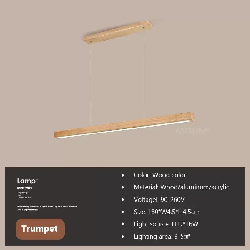 Nordic Wood Long Strip LED Pendant Light Dining Table Lamp Suspension Chandelier for Living Dining Room Kitchen Lighting Fixture