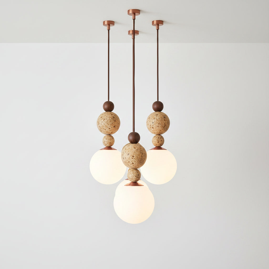 Suspension pierre naturelle finition bois au-dessus d'une table