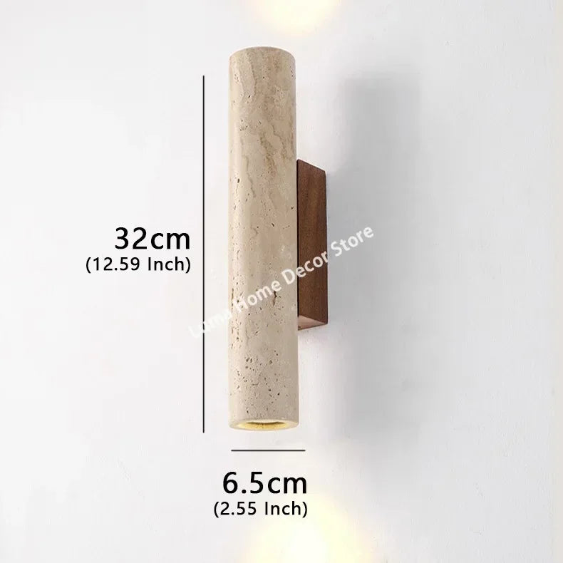 Wabi Sabi Style Yellow Travertine Wall Lamp Vintage Stone and Wood Sconce Light for Bedroom Bedside Living Room Stair Home Decor