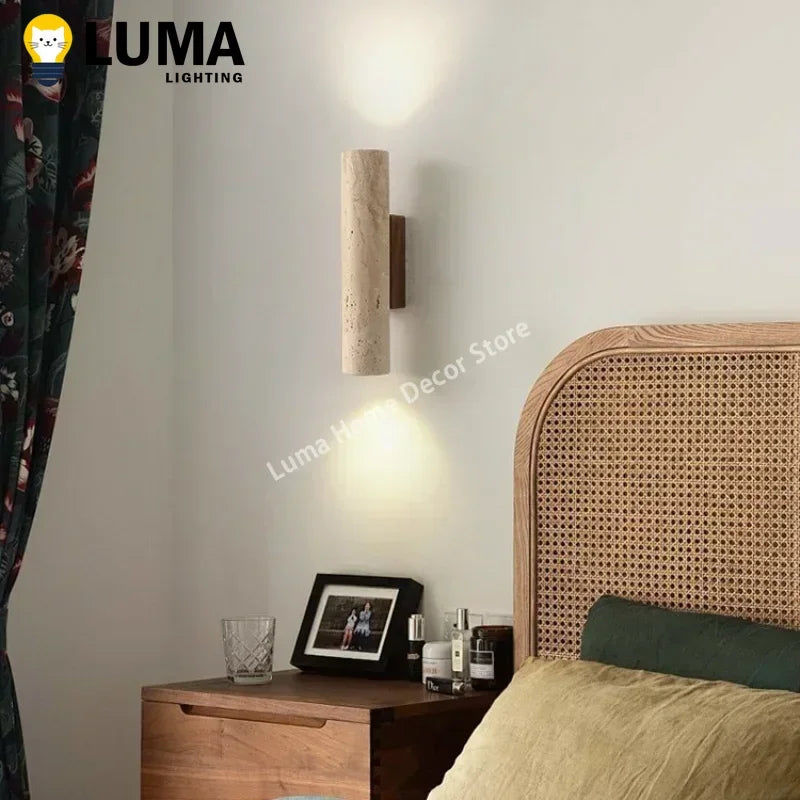 Wabi Sabi Style Yellow Travertine Wall Lamp Vintage Stone and Wood Sconce Light for Bedroom Bedside Living Room Stair Home Decor