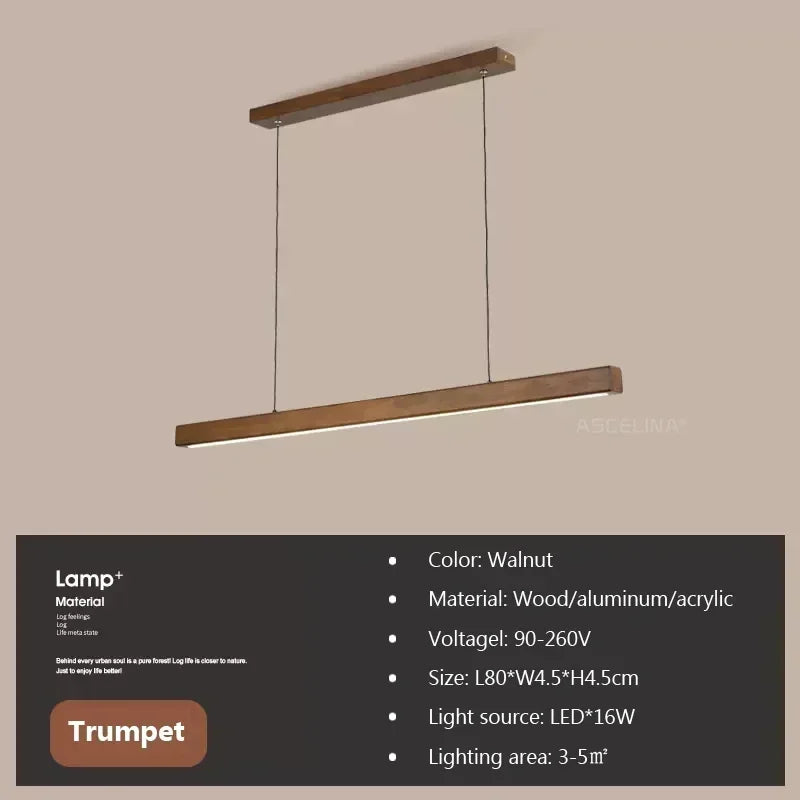Nordic Wood Long Strip LED Pendant Light Dining Table Lamp Suspension Chandelier for Living Dining Room Kitchen Lighting Fixture