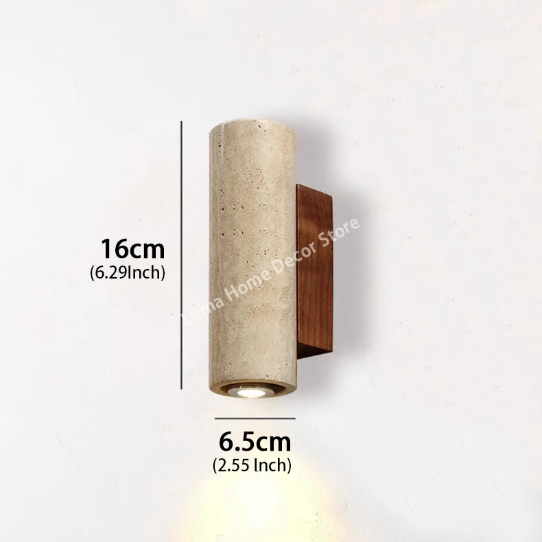 Wabi Sabi Style Yellow Travertine Wall Lamp Vintage Stone and Wood Sconce Light for Bedroom Bedside Living Room Stair Home Decor