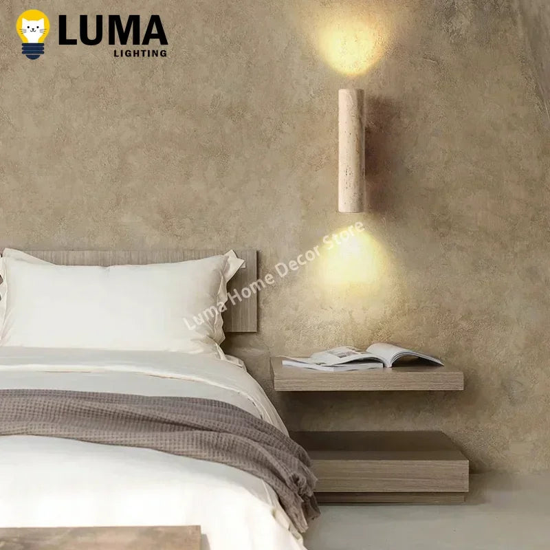 Wabi Sabi Style Yellow Travertine Wall Lamp Vintage Stone and Wood Sconce Light for Bedroom Bedside Living Room Stair Home Decor