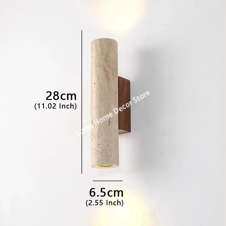 Wabi Sabi Style Yellow Travertine Wall Lamp Vintage Stone and Wood Sconce Light for Bedroom Bedside Living Room Stair Home Decor
