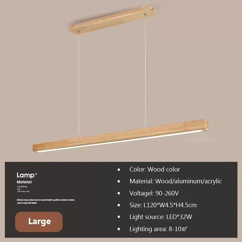 Nordic Wood Long Strip LED Pendant Light Dining Table Lamp Suspension Chandelier for Living Dining Room Kitchen Lighting Fixture