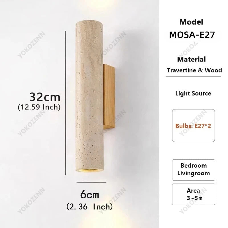 Wabi Sabi Style Yellow Travertine Wall Lamp Vintage Stone and Wood Sconce Light for Bedroom Bedside Living Room Stair Home Decor