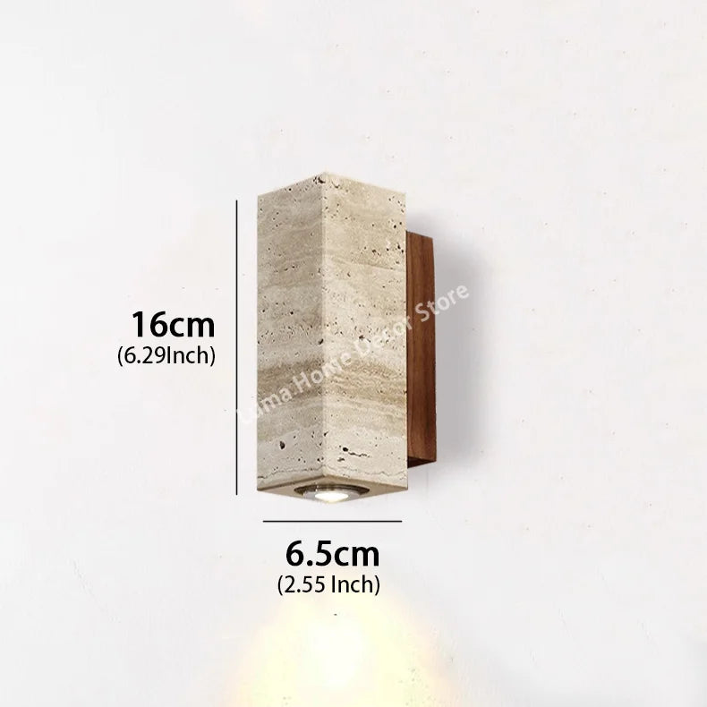 Wabi Sabi Style Yellow Travertine Wall Lamp Vintage Stone and Wood Sconce Light for Bedroom Bedside Living Room Stair Home Decor