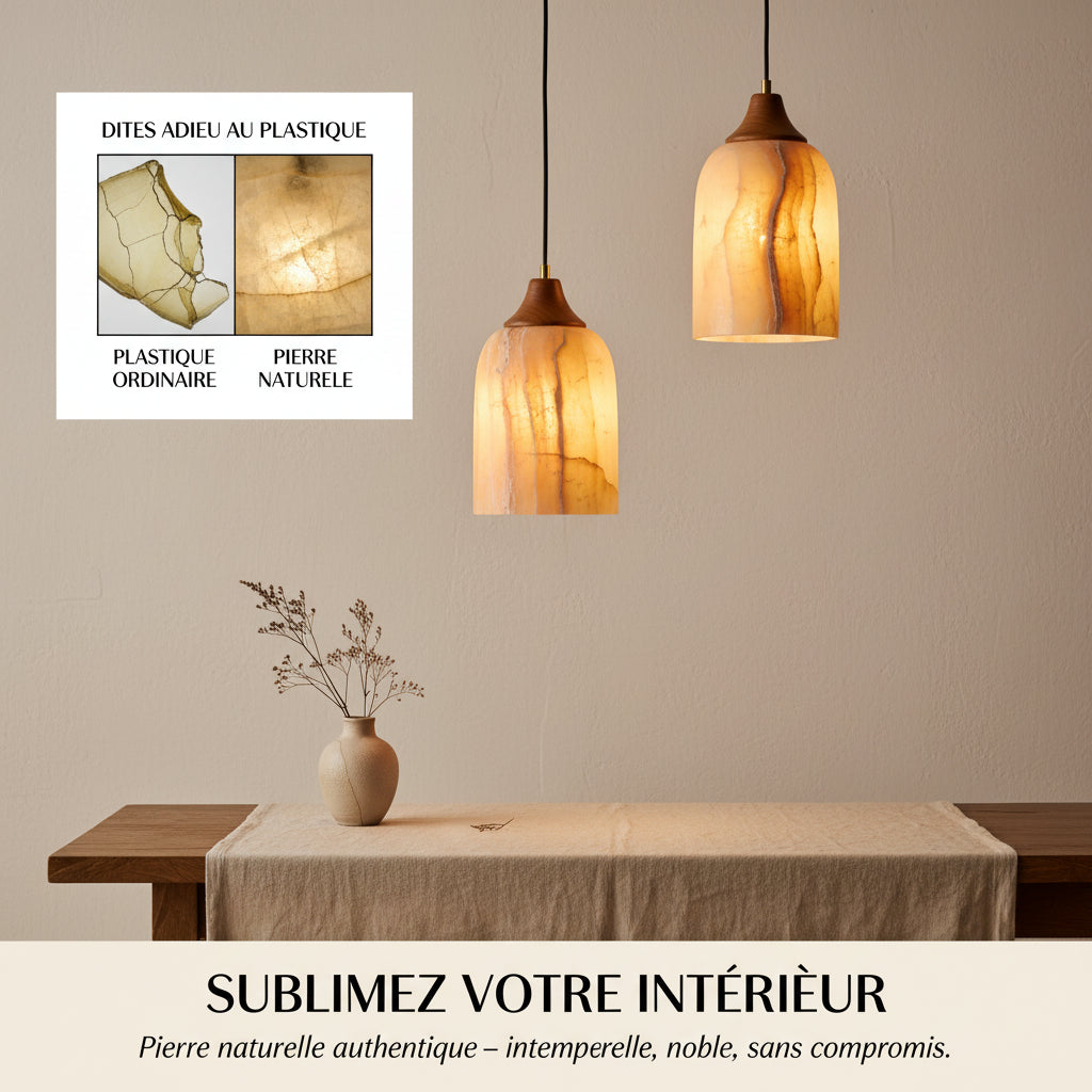 Suspension en pierre sculptée, lumière chaude apaisante