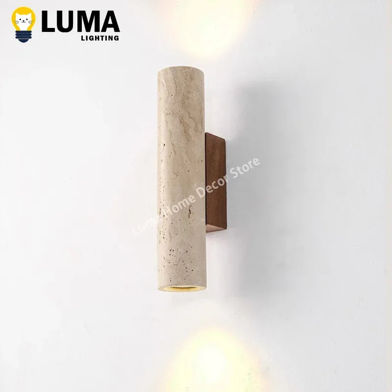 Wabi Sabi Style Yellow Travertine Wall Lamp Vintage Stone and Wood Sconce Light for Bedroom Bedside Living Room Stair Home Decor