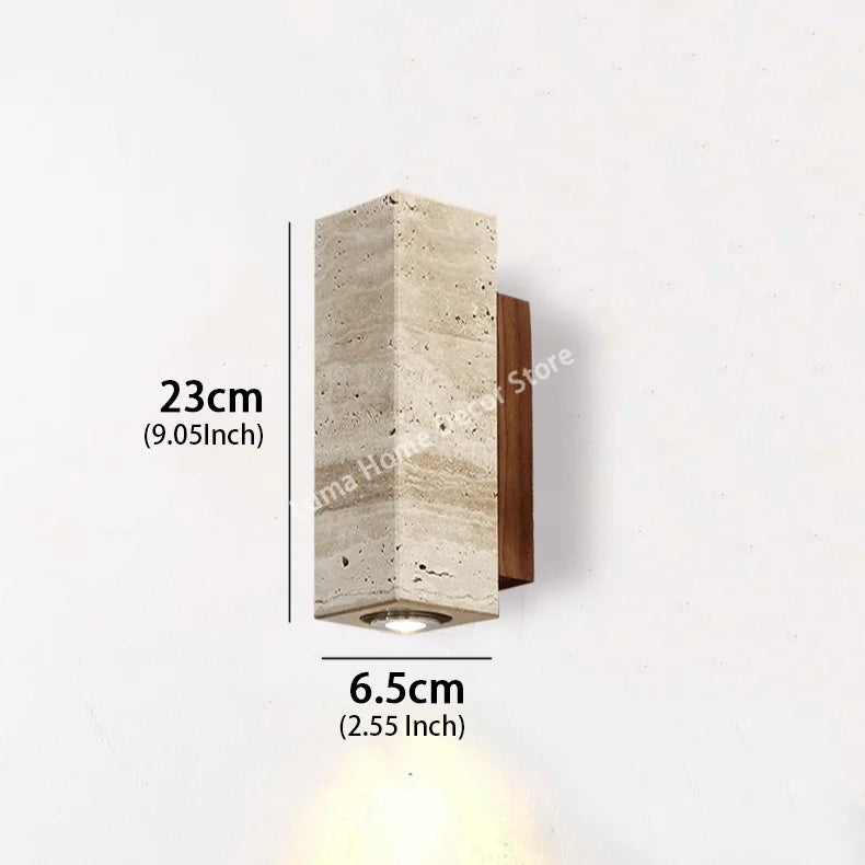 Wabi Sabi Style Yellow Travertine Wall Lamp Vintage Stone and Wood Sconce Light for Bedroom Bedside Living Room Stair Home Decor