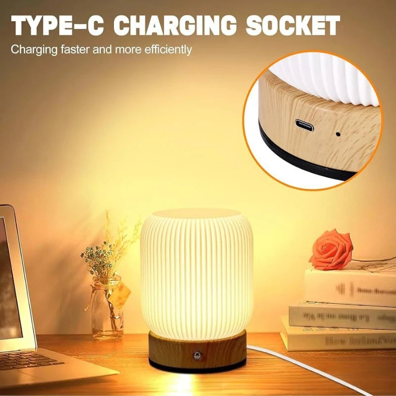 Wood Grain Touch Night Light Pat Table Lamp Bedroom Bedside Lamp Wireless Portable Wood Grain Charging Bedside Lamp