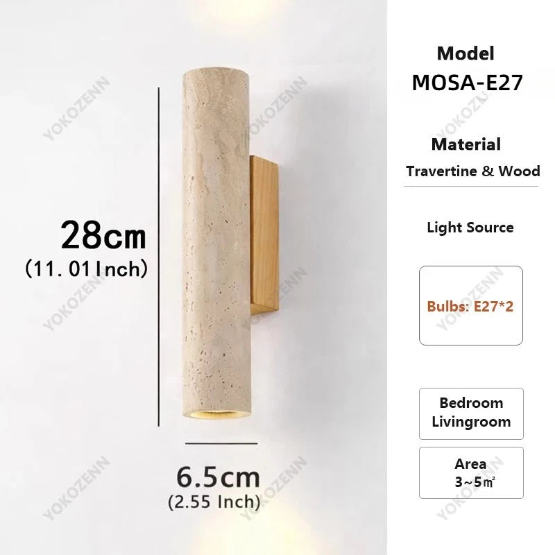 Wabi Sabi Style Yellow Travertine Wall Lamp Vintage Stone and Wood Sconce Light for Bedroom Bedside Living Room Stair Home Decor