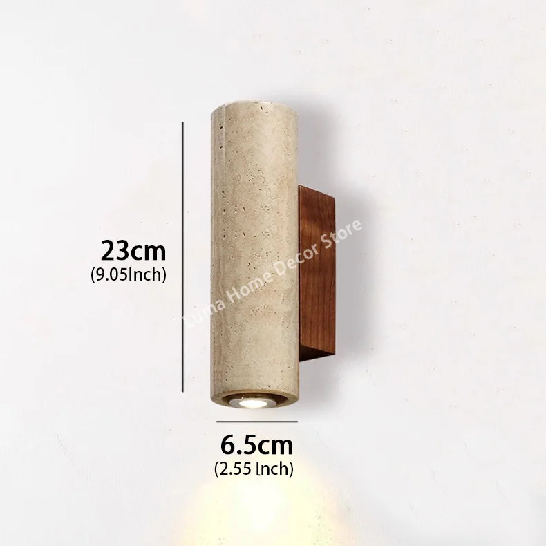 Wabi Sabi Style Yellow Travertine Wall Lamp Vintage Stone and Wood Sconce Light for Bedroom Bedside Living Room Stair Home Decor