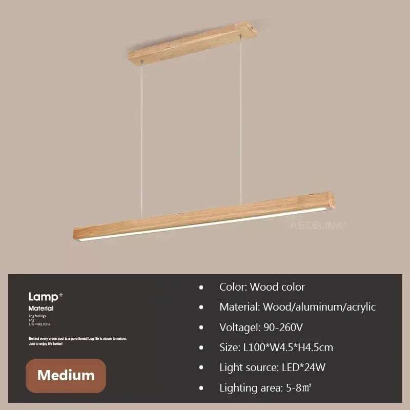 Nordic Wood Long Strip LED Pendant Light Dining Table Lamp Suspension Chandelier for Living Dining Room Kitchen Lighting Fixture